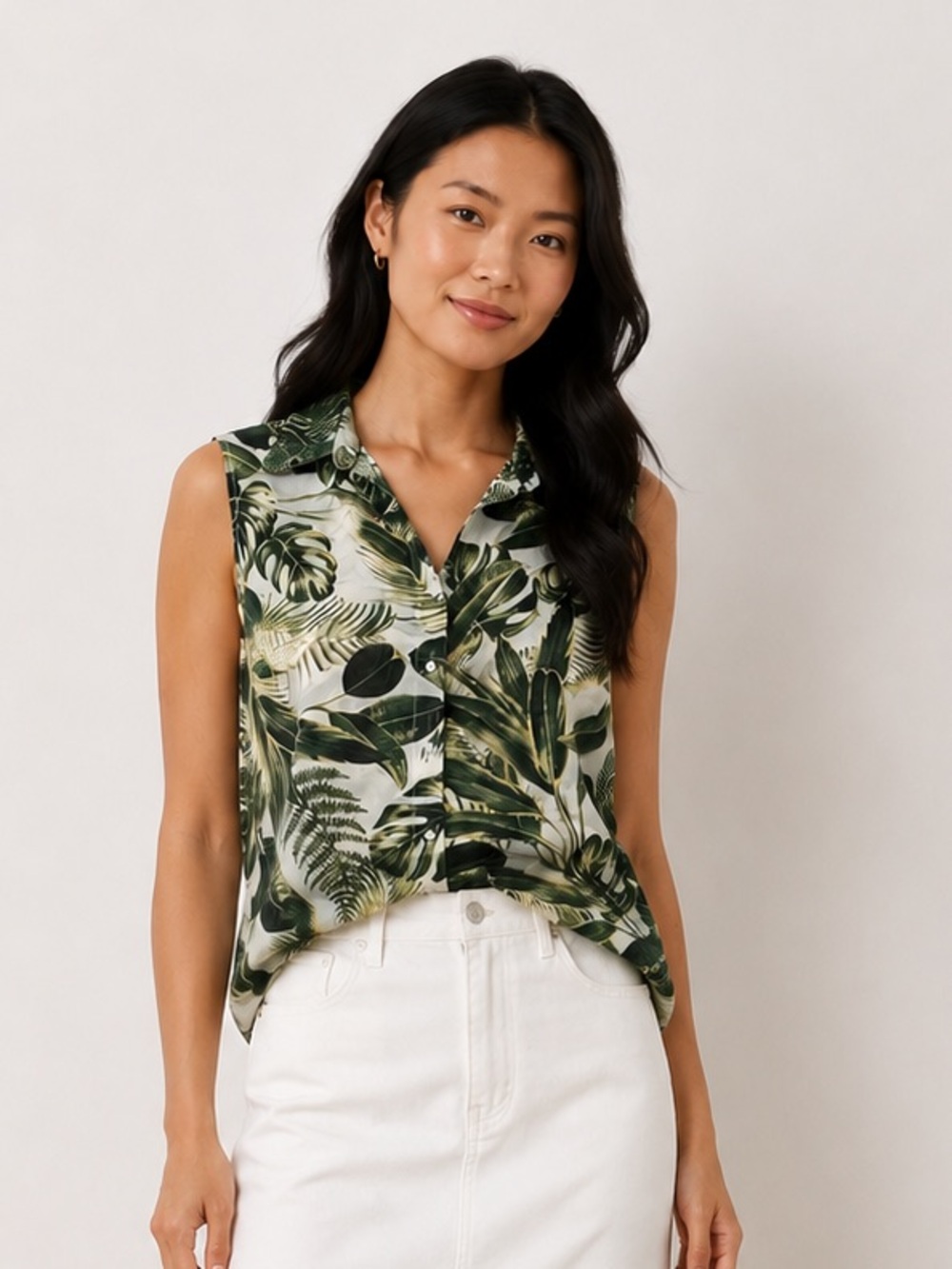 H&M Floral Sleeveless Button-Up Top Collared Size M Office Shell Classic